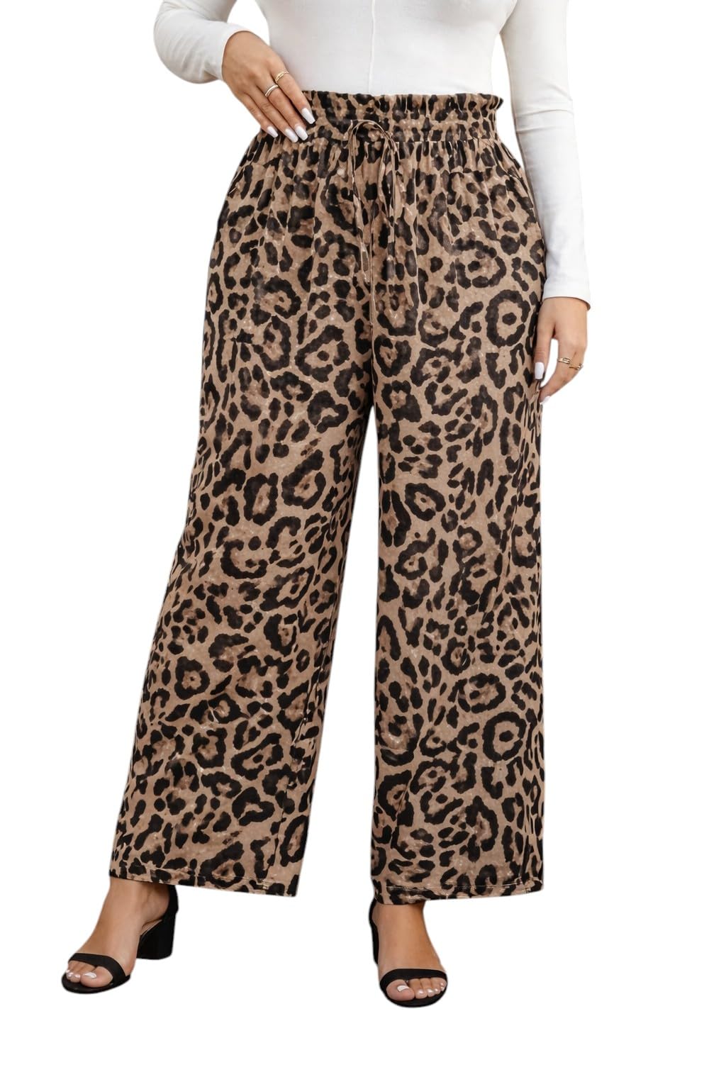 MEZA Women's Wide Leg Pants, Soft Royal Material, Elastic Waist, Side Pockets, Comfortable for Outdoor and Casual, Tiger - Light Opaque