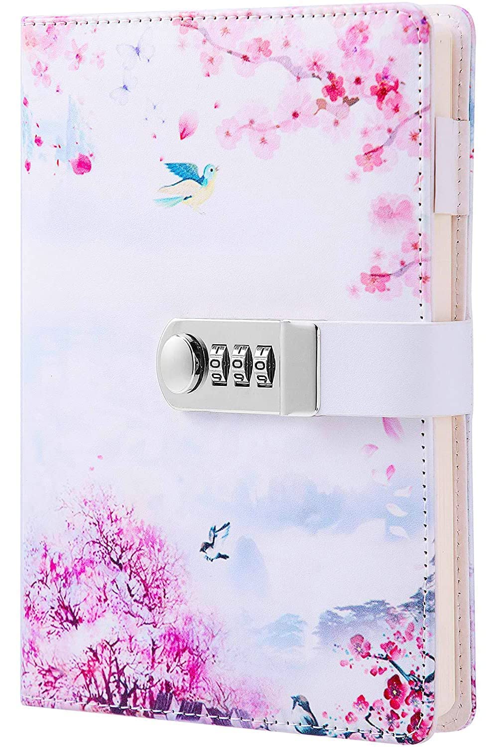Excefore Leather Diary with Lock, Secret Lock Journal with Exquisite Pattern Design, Refillable Faux Leather Journal Writing Notebook with Pen Holder (Pink, A5)