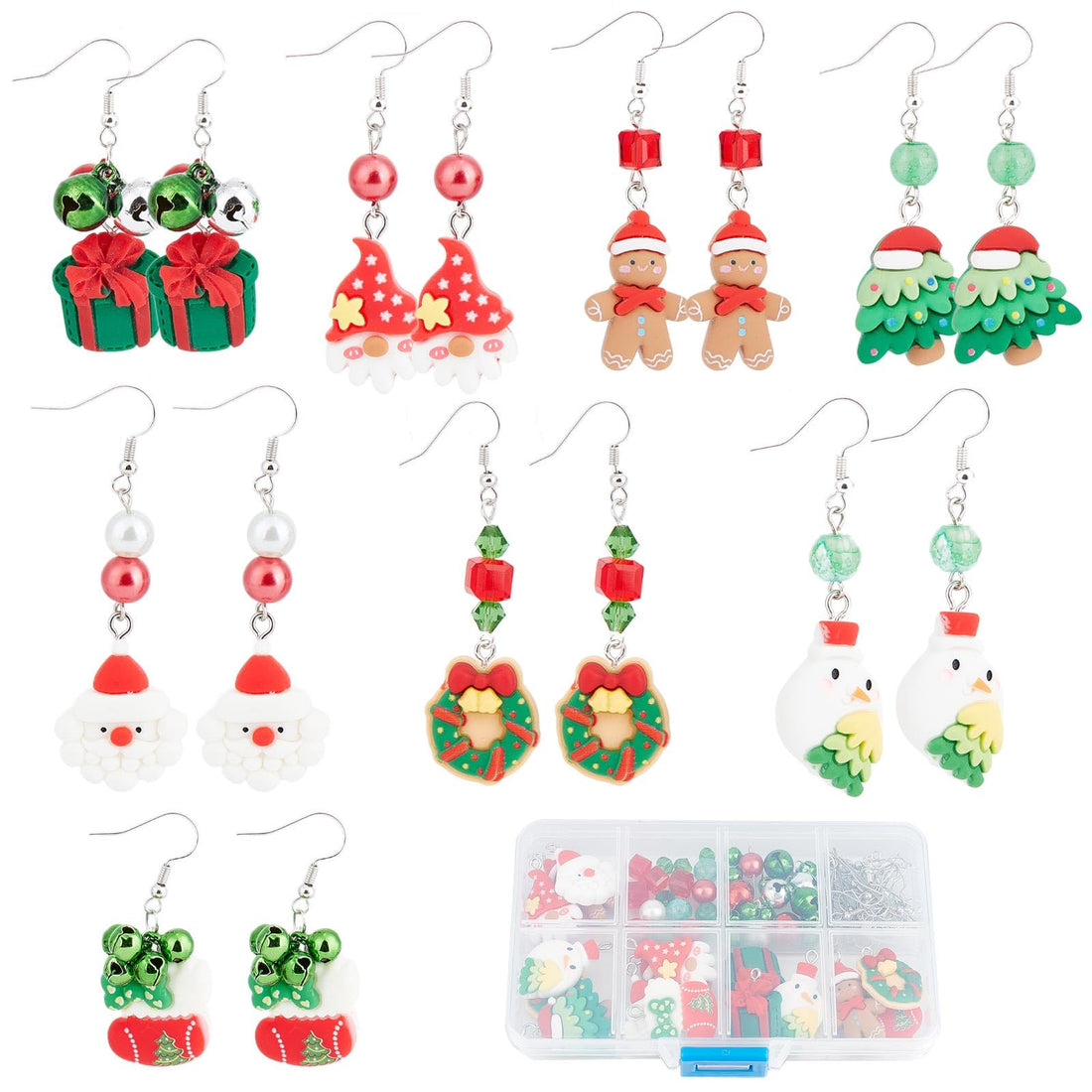 SUNNYCLUE 1 Box DIY 8 Pairs Christmas Charms Resin Xmas Gingerbread Man Charm Earrings Making Starter Kit Santa Claus Bear Flat Back Charm Love Heart Christmas Tree Charms for Jewelry Making Kits,