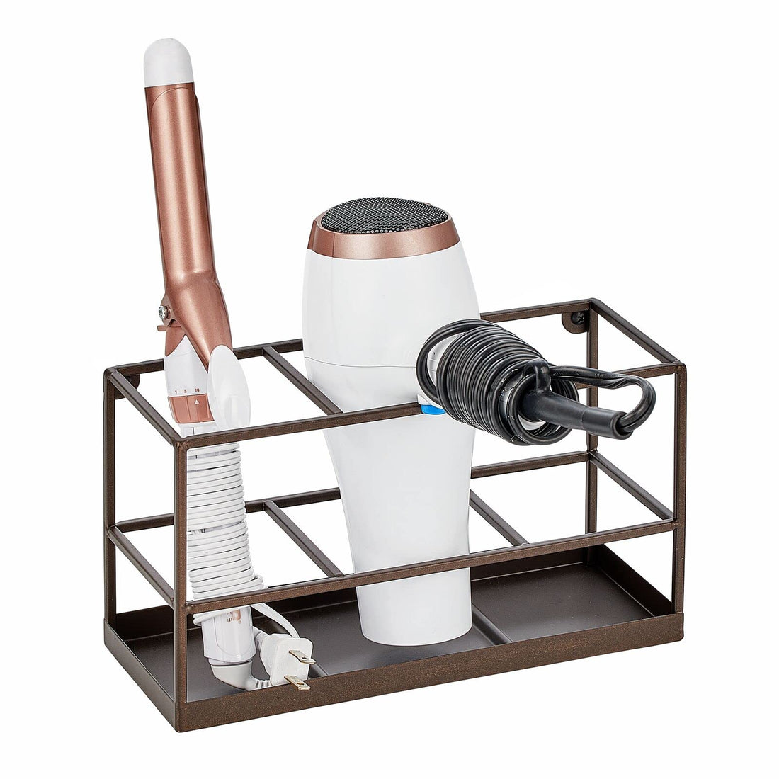 mDesign Steel Bathroom Wall Mounted Hair Tool Storage Organizer Accessory Basket Tray, Hang Holder for Hair Dryer, Straightener, Curling Iron, Styling Products, Citi Collection, Bronze