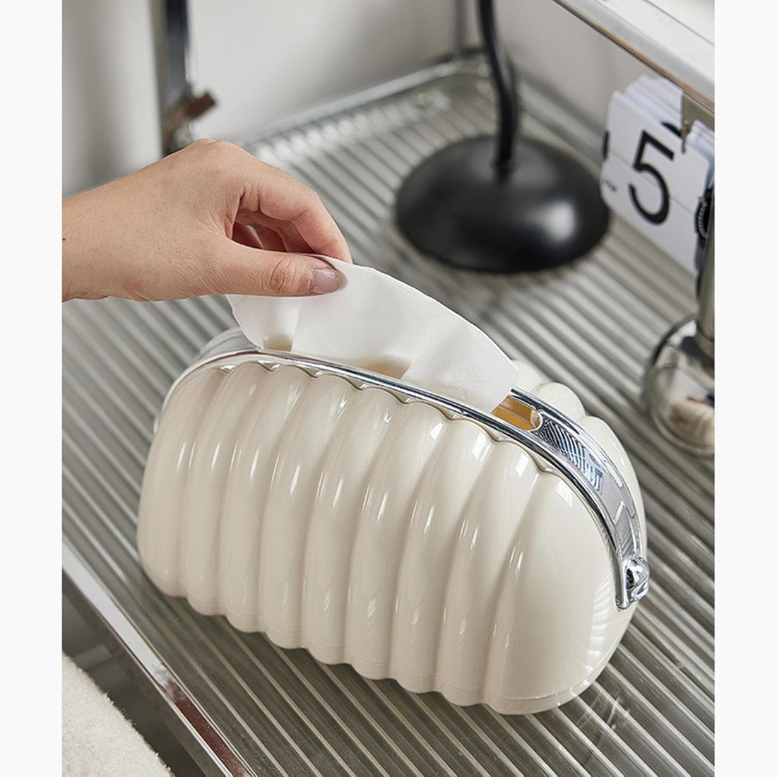 Downtown Decorative Clamshell Bag Shaped Tissue Box, White Desktop Tissue Dispenser for Home and Office, Modern Ceramic Style Napkin Holder for Bedroom, Vanity and Living Room Decoration