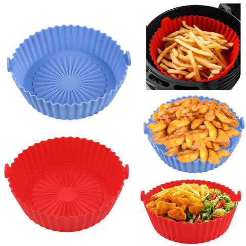 PLTHYMT 2PCS Silicone Air Fryer Liners 6.5 inch, Reusable Air Fryer Basket Accessories Round, Food Grade Silicone for Air Fryer 2 to 5 QT, Red & Blue