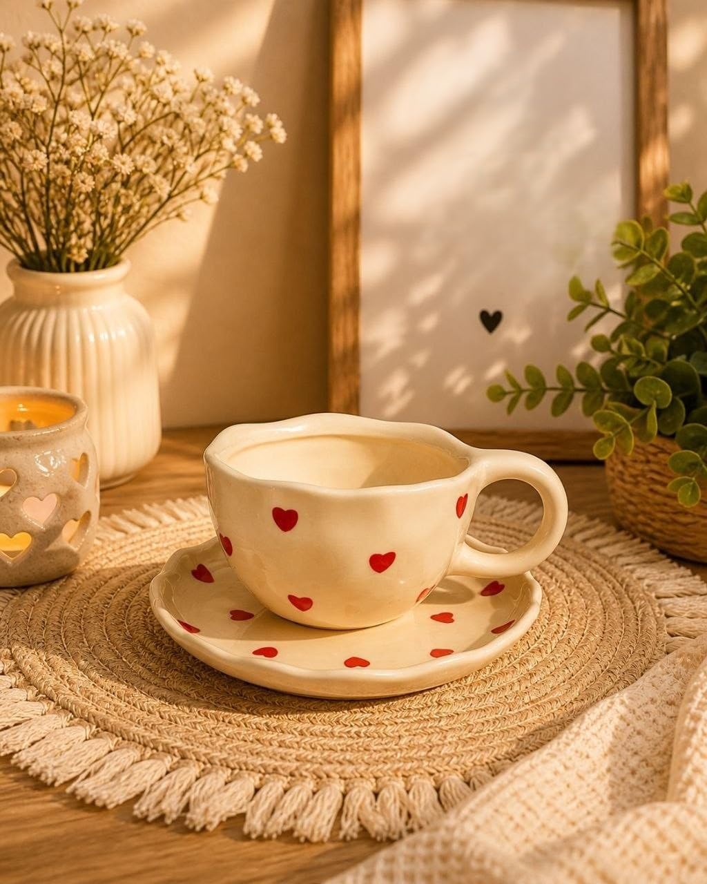 Cup and Saucer Set with Red Heart Pattern, Cream, for Tea, Coffee and Hot Drinks, .Ais