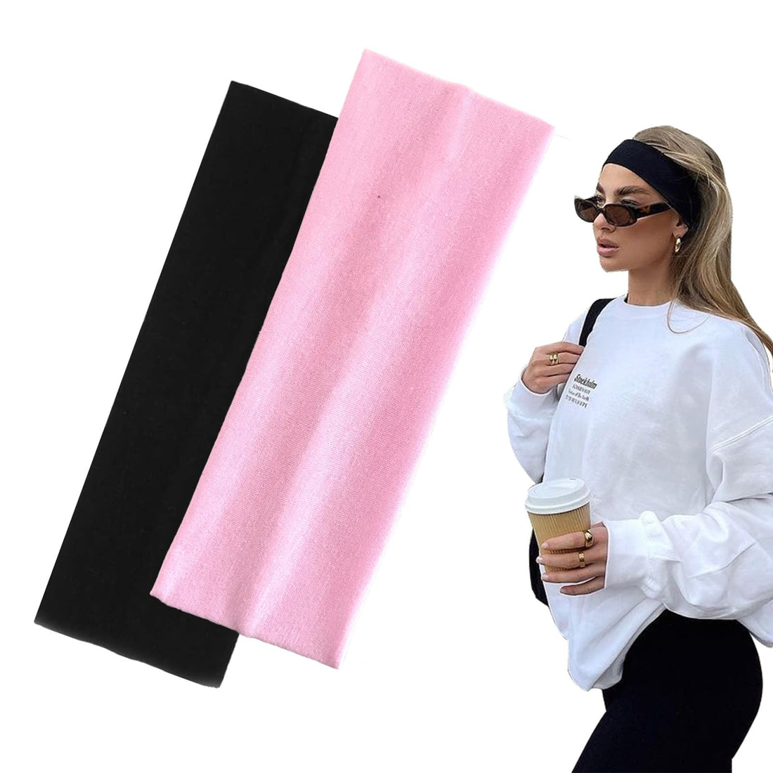 7cm Wide Black Headbands for Women Men, Yedtreg 2pack Fashion Head Bands for Women's Hair, Soft Fabric Stretchy Hair Bands for Makeup, Yoga, Running, Sports