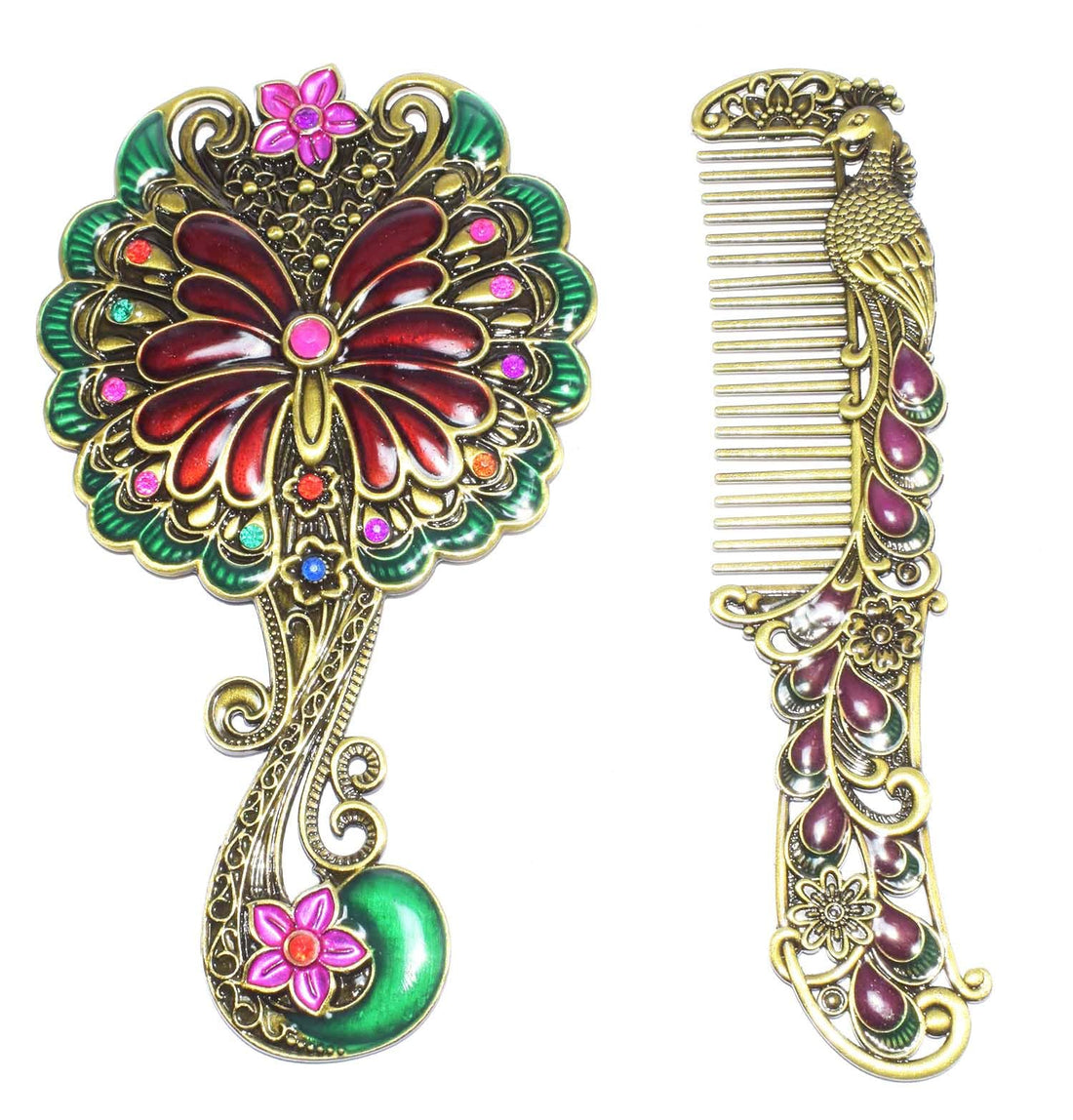 immatgar pharaonic Peafowl makeup pocket mirror with comb ancient Egyptian souvenirs gifts for women and mother from Egypt Butterfly, Flower - mother day gifts (Flower1 - Burnt Yellow - 13.5 CM Tall)