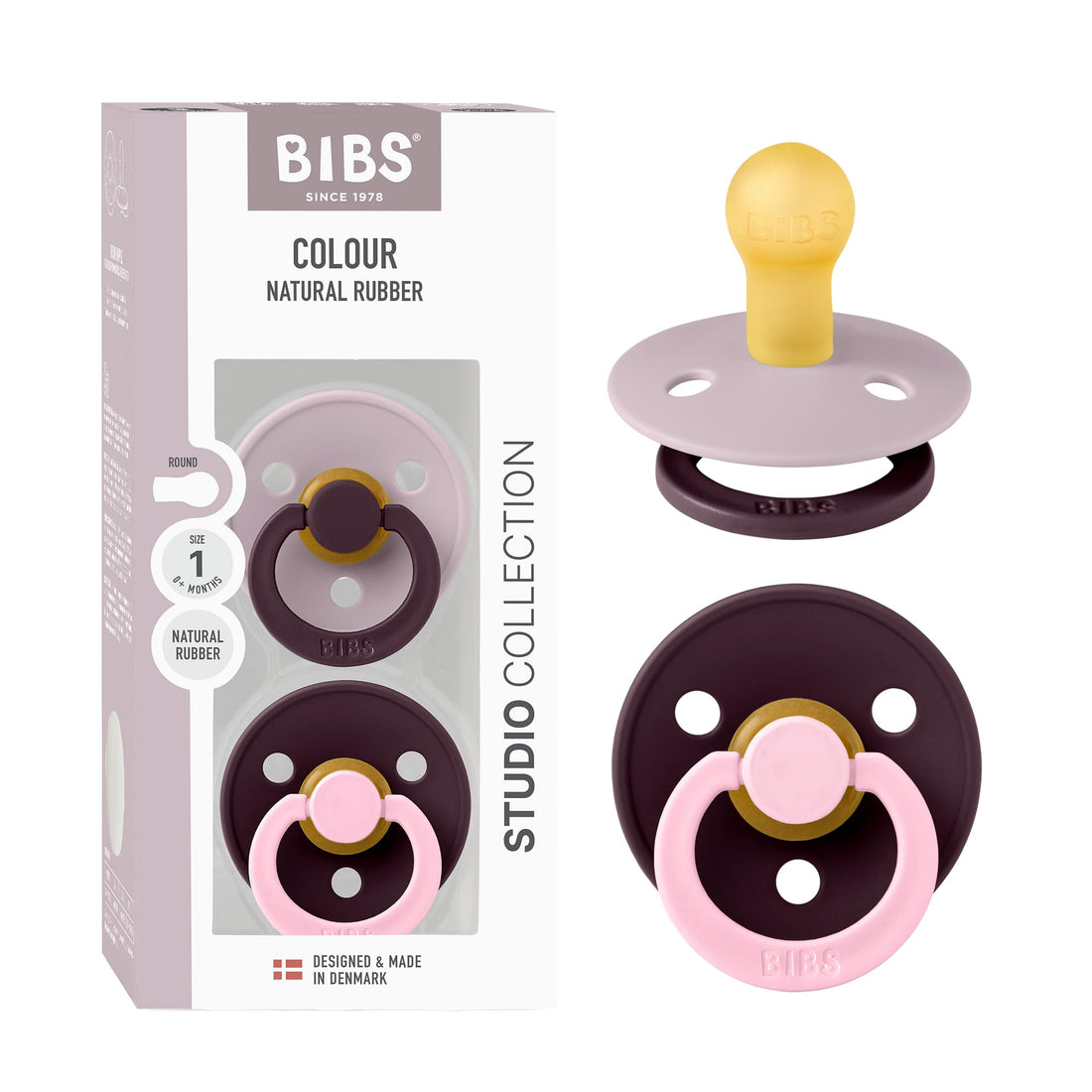 Bibs Pacifier Studio Colour 2 Pack Fusion Latex Size 1 Dusky Lilac Plum Mix