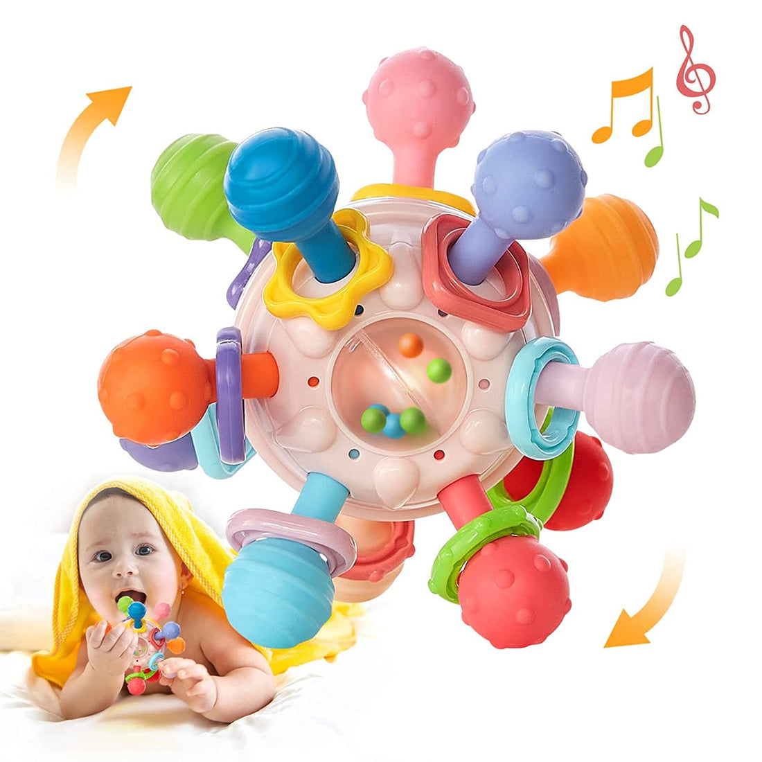 AM ANNA Baby Teething Toys 0-6 Months, Silicone Pull String Interactive Toy 3 in 1 Baby Rattle Activity Ball, Baby Sensory Toys Chew Toys for Babies, Fine Motor Skills Toys Gifts for Boys & Girls