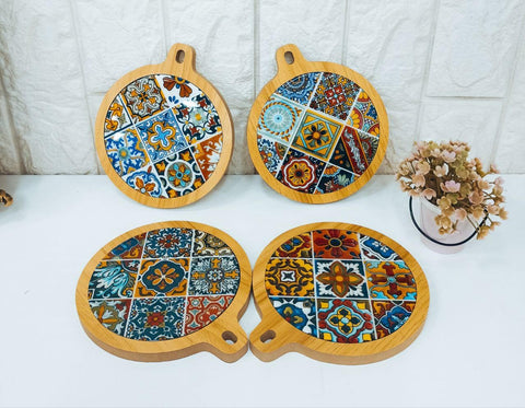 Generic Handcrafted Moroccan Tile Pattern Wooden Coaster Set, Round, Natural Wood Frame with Blue and Orange Design, 12.5 cm Diameter .mk