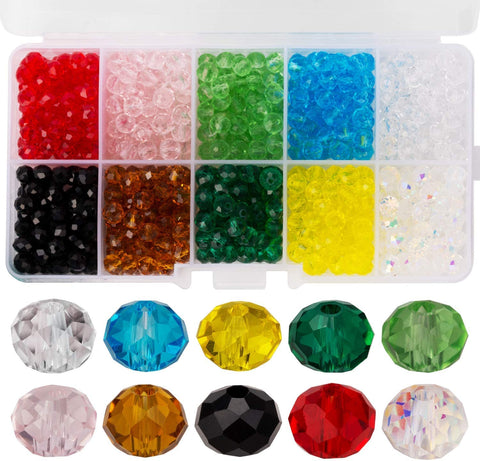 AIEX 700pcs Crystal Beads Kit Wholesale Glass Assorted Colors Spacer Beads Faceted Rondelle Shape for Jewelry Making, 6mm