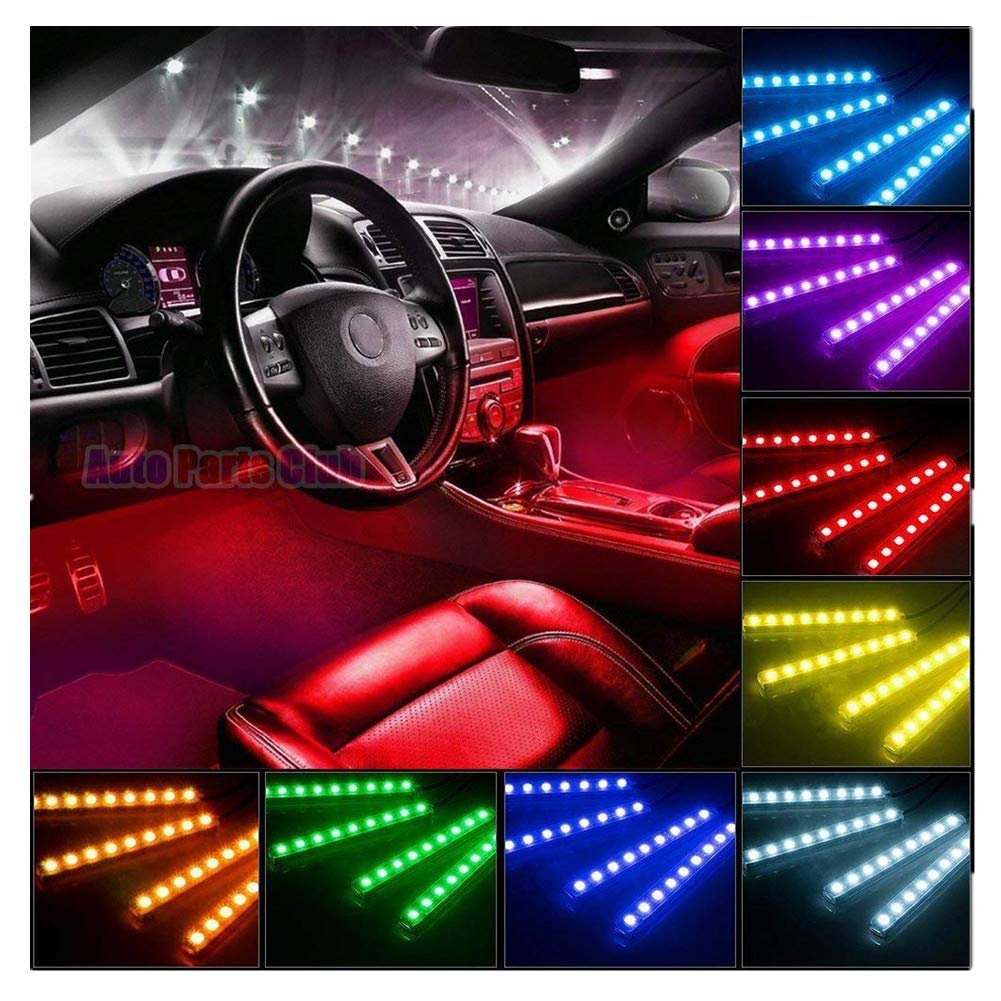 Adv-one Car LED Strip Light, 4pcs 48 LED DC 12V Multicolor Music Car Interior Lights LED Under Dash Lighting Atmosphere Neon Lights Kit with Sound Active Function and Wireless Remote Control
