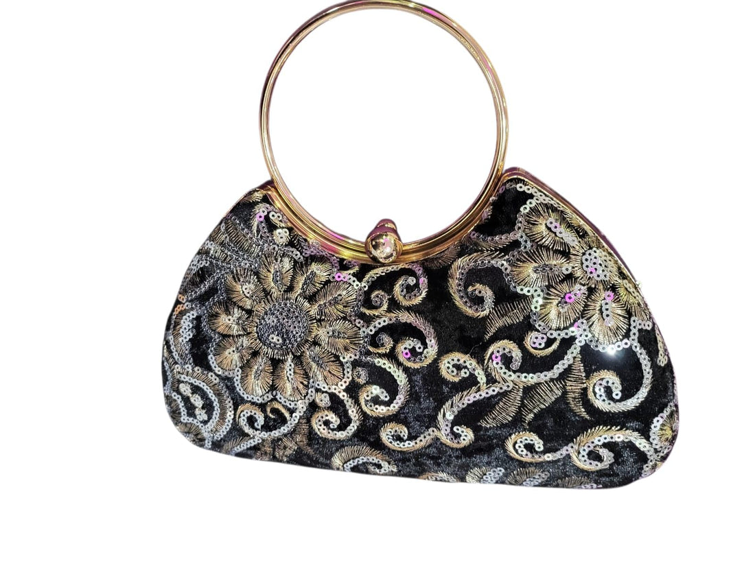 Hand Embroidered Women's Handbag, Black Velvet Fabric, Gold and Silver Sequins Embroidery, Gold Metal Round Handle, Event Evening Handbag for Women Ladies
