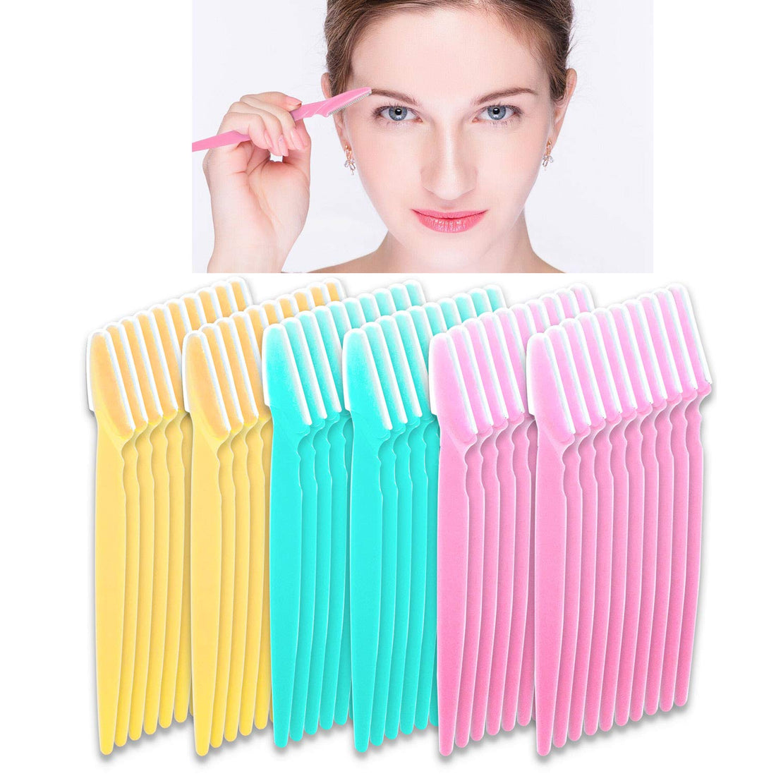 BEoffer 60 Pcs Eyebrow Razor Eye Brow Trimmer Shaver Facial Face Hair Remover Exfoliating Dermaplaning Tool Kit Stainless Steel Blades with Cap Eyebrow Shaper for Women Men Makeup (Pink Blue Yellow)