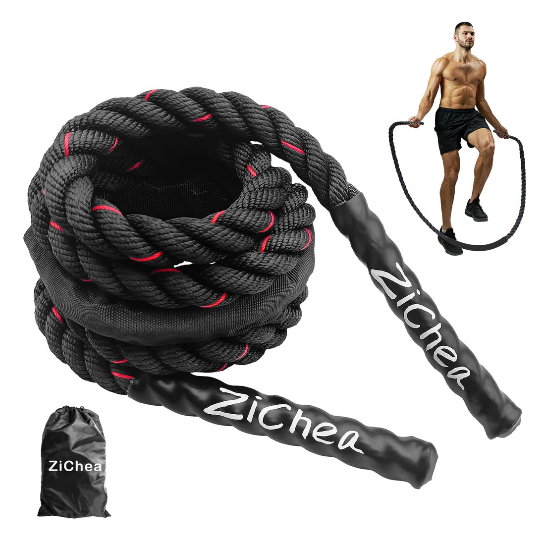 Weighted Jump Ropes for Men women，2.5lb Heavy Battle Rope for Fitness，Home Gym Workout Equipment，Whole Body Muscle Exercise Improve Stamina, Comfortable Grip & Carry Bag, black and red