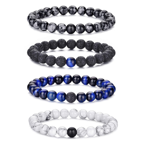 Tiger Eye Beaded Bracelets for Men - Elastic 8MM Natural Stone Bracelet Set Lava Rock Bracelets Gifts for Son Grandson Bonus Son Boyfriend Brother
