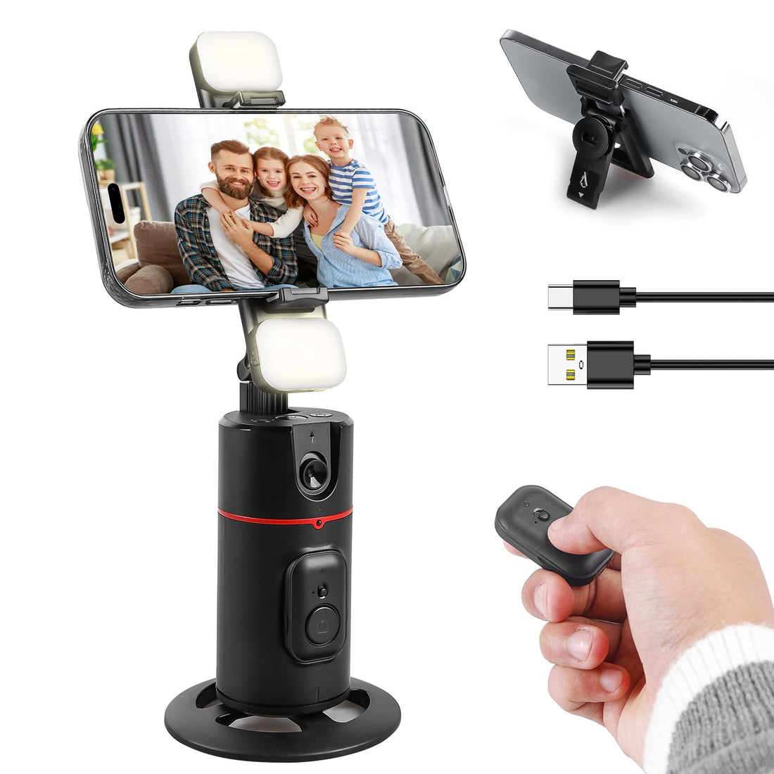 Car Face Tracking Mobile Phone Tripod, 360° Rotation Tracking Tripod, Smart Phone Holder, Selfie Stick, Gesture Control, Camera Tripod with Remote Control & Fill Light for Vlog Video Recording, Live