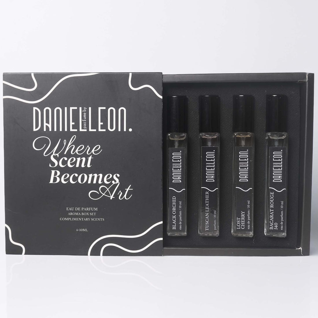 Daniel Leon Unisex Perfume Package Set | 4×10ml Inspired Fragrance Testers | Baccarat Rouge 540, Lost Cherry, Black Orchid & Tuscan Leather | Long-Lasting