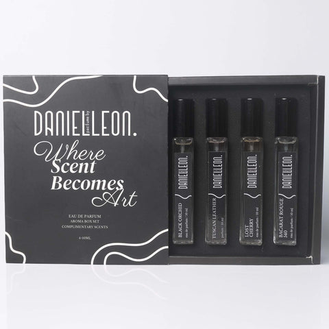 Daniel Leon Unisex Perfume Package Set | 4×10ml Inspired Fragrance Testers | Baccarat Rouge 540, Lost Cherry, Black Orchid & Tuscan Leather | Long-Lasting
