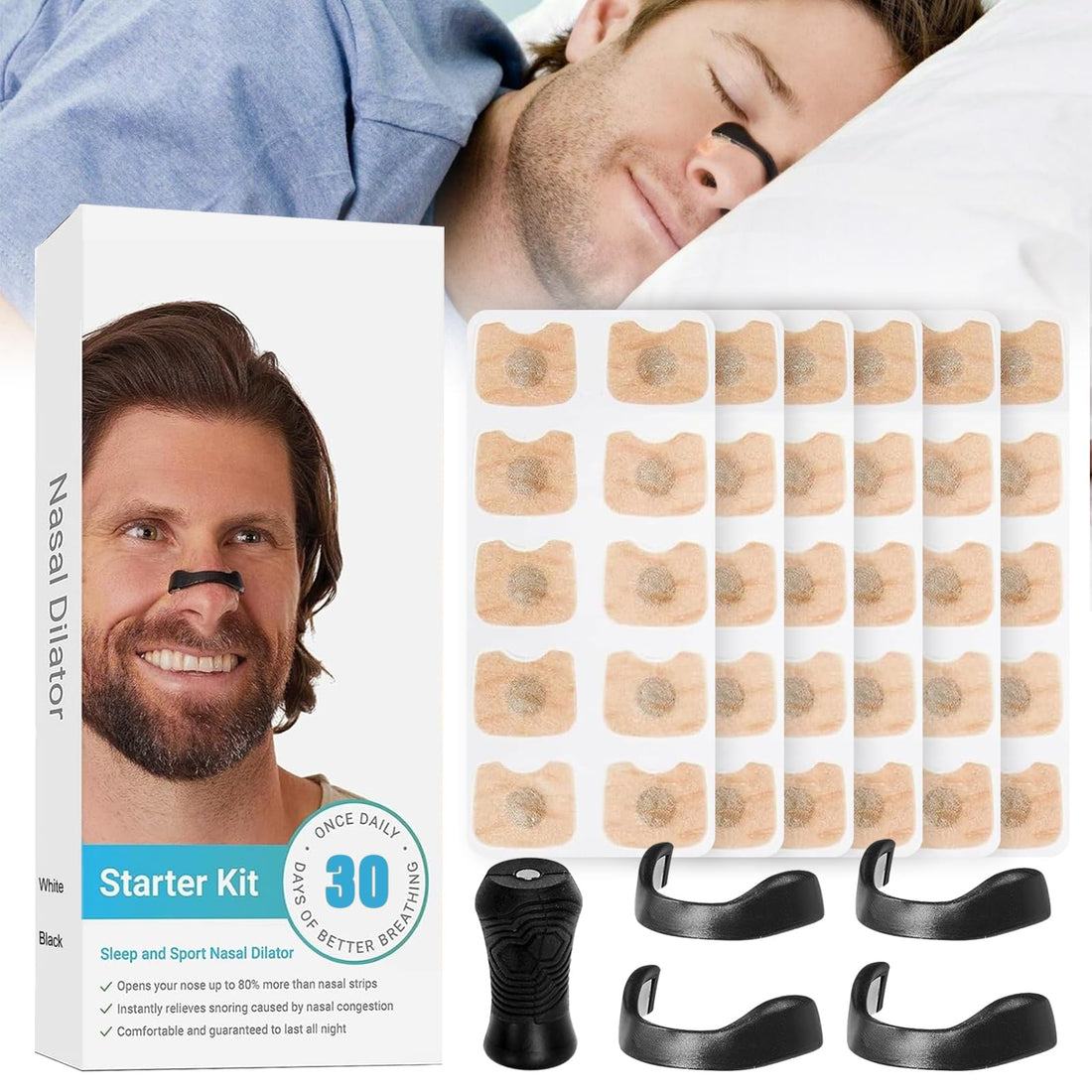 Pack of 30 Magnetic Nose Plasters, Anti-Snoring Nose Strips, Magnetic Nose Plasters, Intake Breathing Nasal Strip, Improved Sleep Quality for Business Trips, Family, Travel, Hotel Luggage