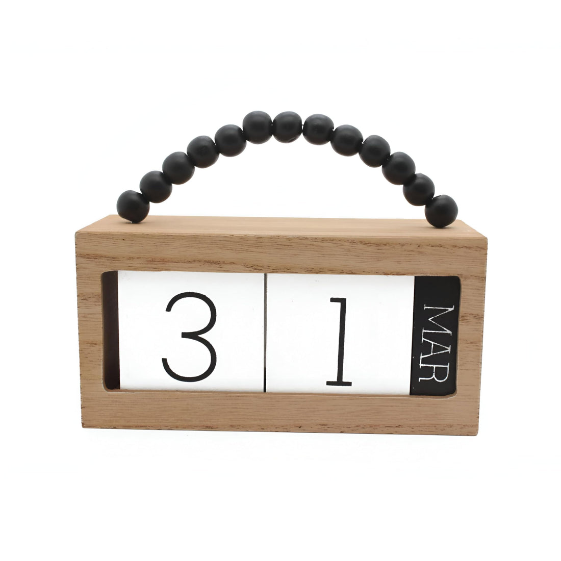 Black Bead Organizer - Handcrafted wooden organizer with a black bead pull, boho style, shows day and month, compact, perfect for adding natural elegance to home or office desk.