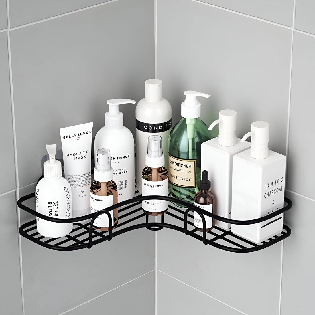 Homeor Multipurpose Self Adhesive Corner Shelf for Bathroom/Kitchen Wall Mounted Rack Shelf Shower Caddy with Magic Sticker Bathroom Organizer Without Drill, Pack of 1, Black Powder Coated