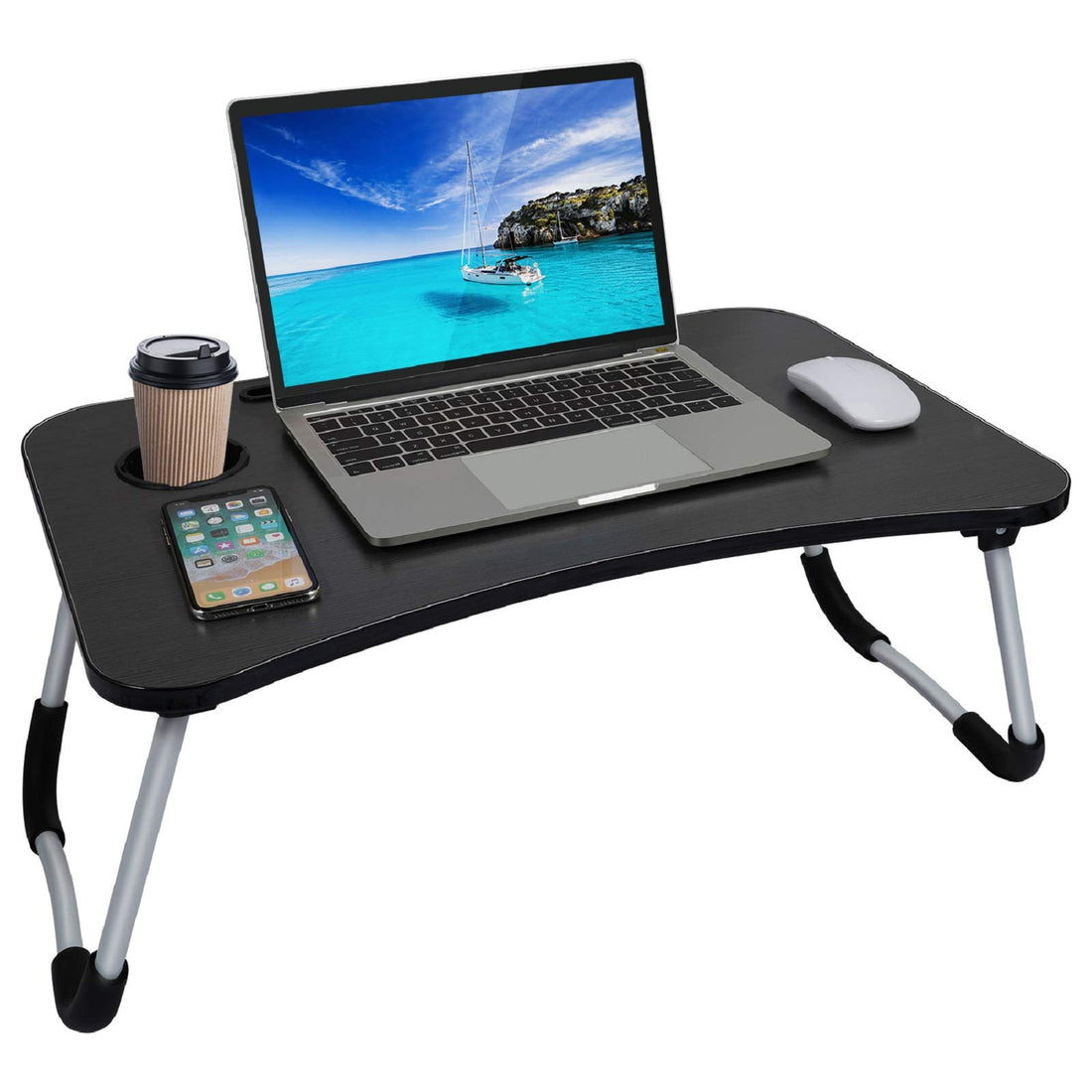 Laptop desk, laptop bed tray, foldable laptop stand, small dormitory table, breakfast serving bed tray, dorm desk, notebook table with tablet slots and cup holder, perfect for watching movie on bed
