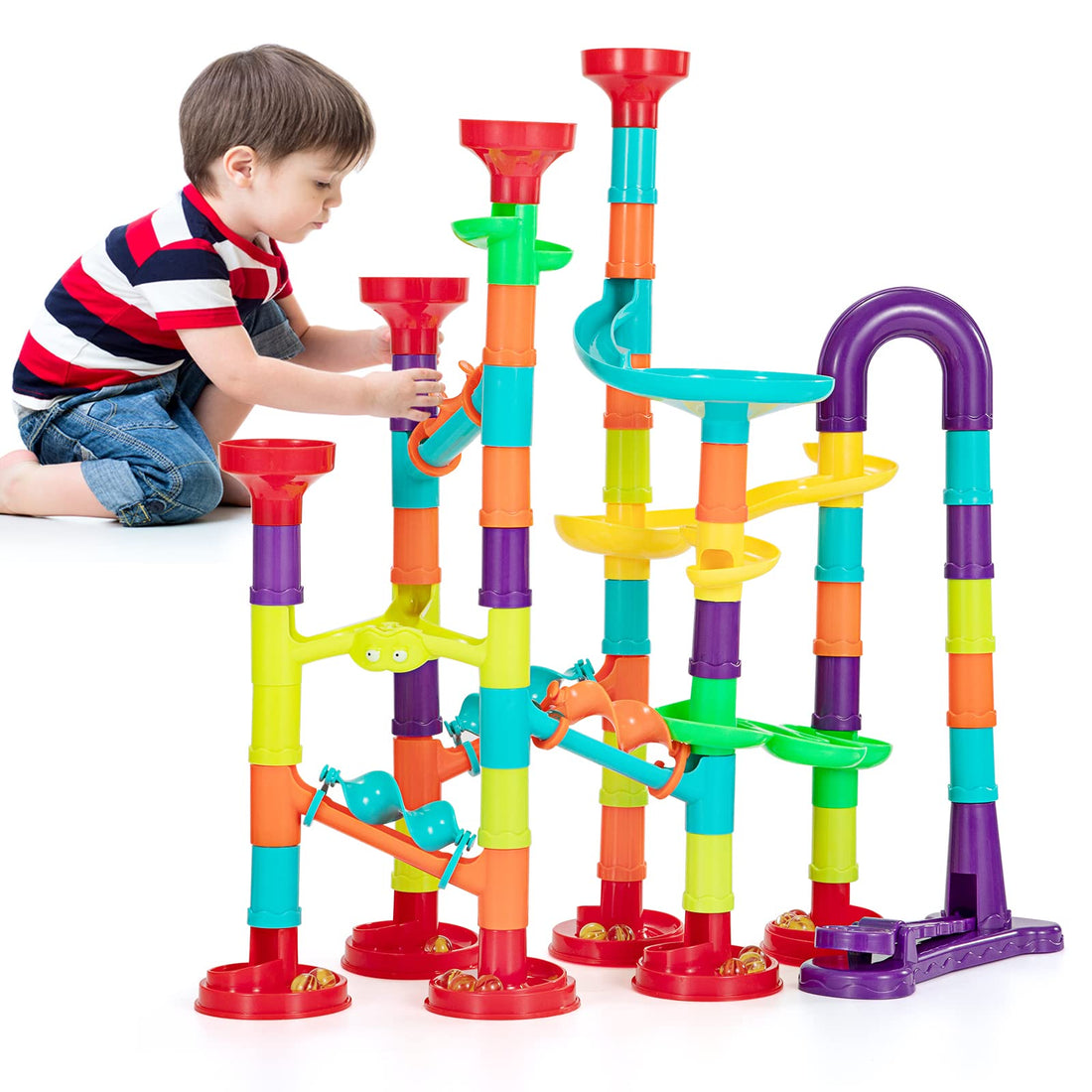 Marble Run Set, Multicoloured Marble Run Set, 142 Pieces, Children's Game Building Blocks, Construction Toy with Track Elements and Glass Marbles for Children from 3 Years