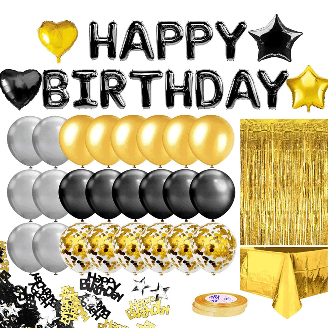 Beauenty Black Gold Birthday Party Decoration，Wedding Decorations，Black Happy Birthday Banner, Golden Fringe Curtain, Foil Tablecloth, Heart Star Confetti Balloons，Black Gold Balloons