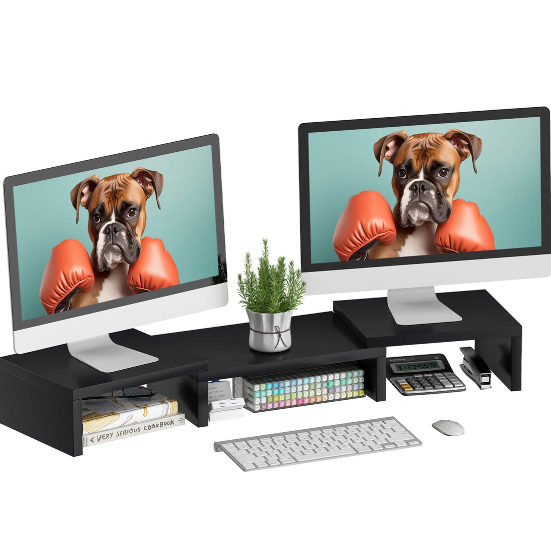 SUPERJARE Dual Monitor Riser, Adjustable Length and Angle Screen, Desktop Storage Organizer for Laptop Computer/TV/PC/Printer- Black