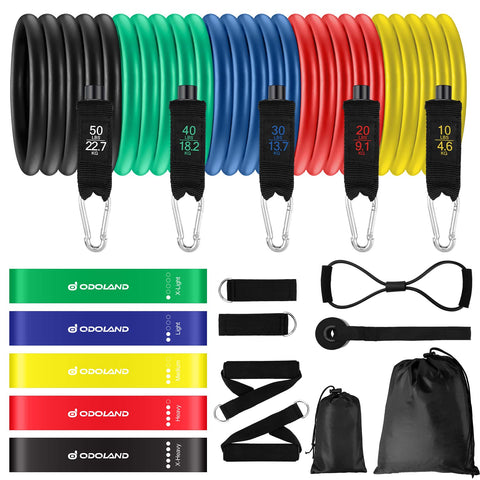 Odoland Resistance Bands Set Workout Bands with 5 Stackable Exercise Bands, 4 Resistance Loop Bands, Door Anchors, Handles and Ankle Straps for Home Fitness, Strength Training