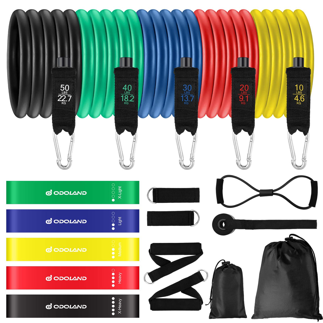 Odoland Resistance Bands Set Workout Bands with 5 Stackable Exercise Bands, 4 Resistance Loop Bands, Door Anchors, Handles and Ankle Straps for Home Fitness, Strength Training