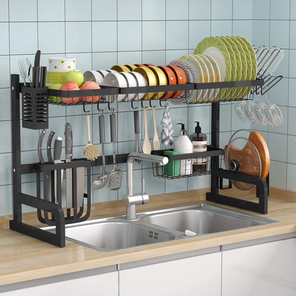 1Easylife Over The Sink Dish Drying Rack - Adjustable 2-Tier Large Dish Dryer Rack for Kitchen Organizer Storage Space Saver Shelf Utensils Holder with 7 Utility Hook Tableware Drainer (Black)