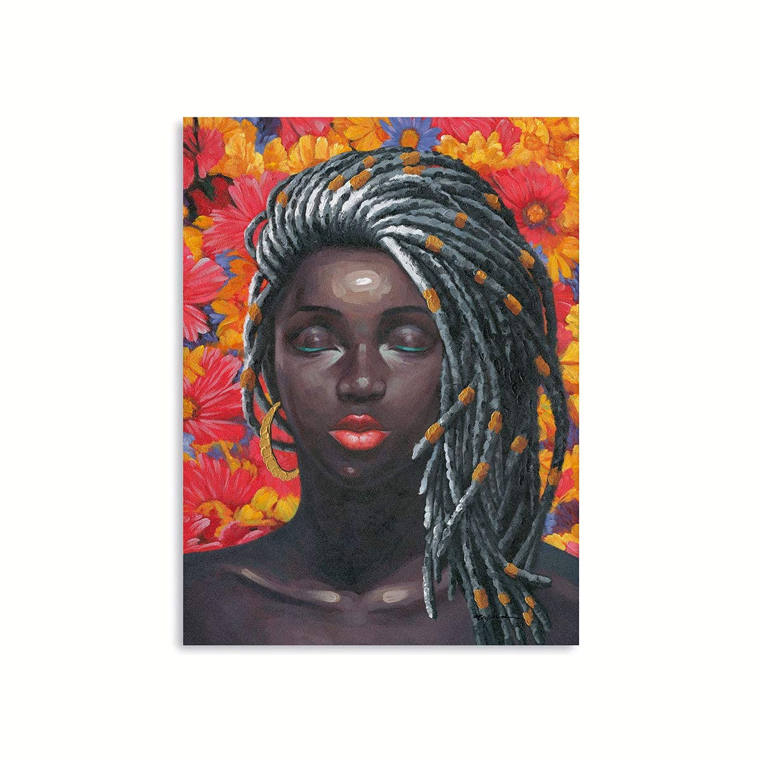 African American Wall Art Fashion Dreadlocks Black Woman Canvas Poster Sexy Red Lip Black Girl with Gold Earrings Print Pictures for Hair Salon Wall Decor Modern Bedroom Bathroom Decorations 12"x16"