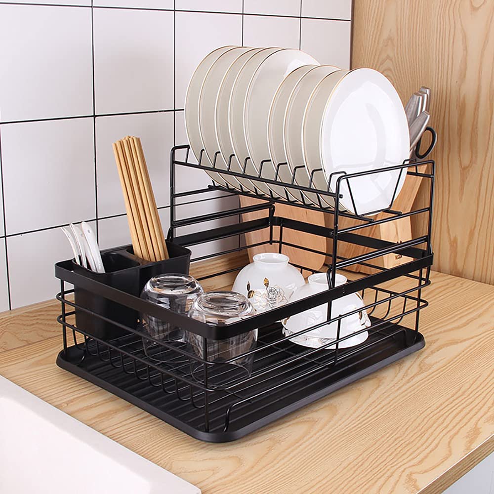 QMYME Dish Drying Rack, Bowl Storage Rack Plate Organizer Counter Rustproof Dish Storage with Cutlery Holder, Removable Drainer Tray(black)