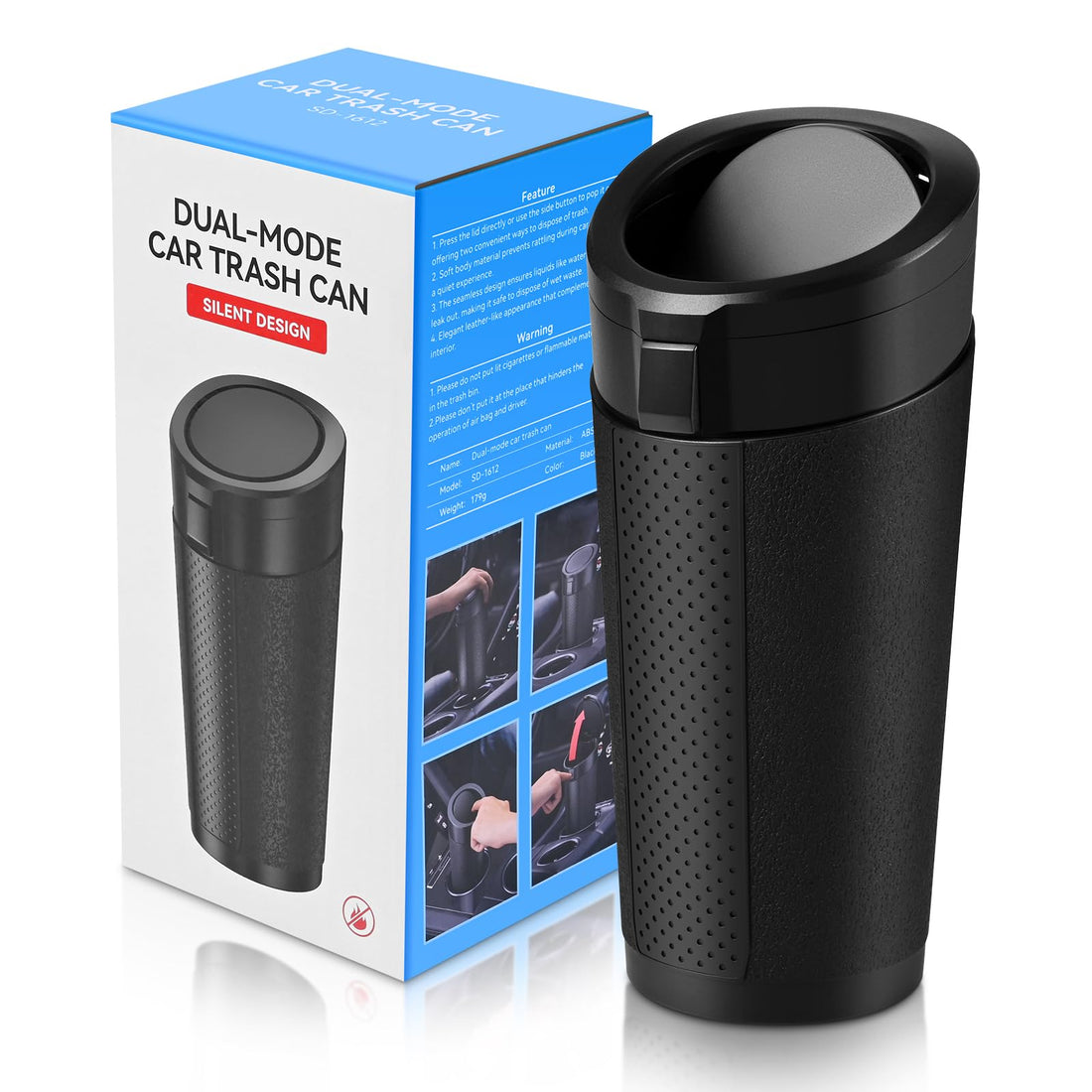 Car Trash Can Bin with Lid, Mini Leakproof Garbage Can for Vehicle, Cup Holder Trash Can, Small Trash Bin for Cars, Home, Bedroom, Office (Black 01)