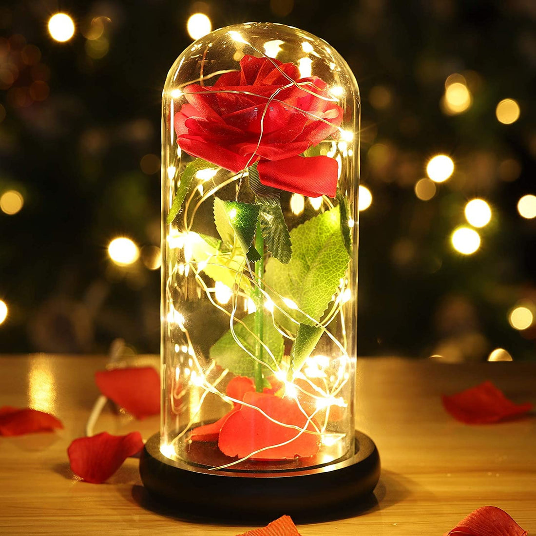 Beauty and the Beast Rose, Enchanted Red Silk Rose with LED Lights in Glass Dome, Romantic Flower Gift for Valentine's Day