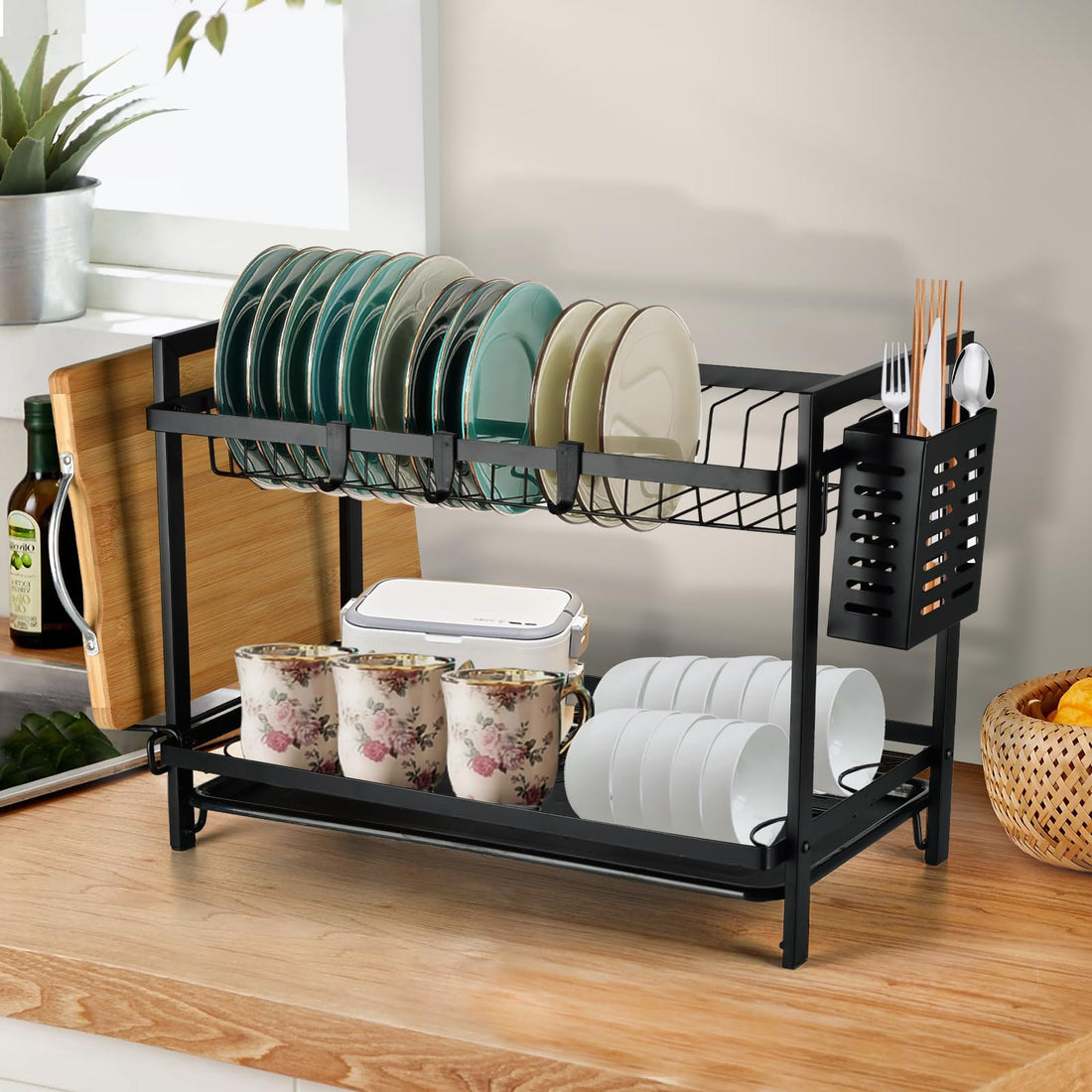 Dish Drying Rack, 2-Tier Small Dish Racks with Drain Board, Stainless Steel Drying Rack Kitchen with Removable Utensil Holder, Dish Drainers for Kitchen Counter with Cutting Board Holder