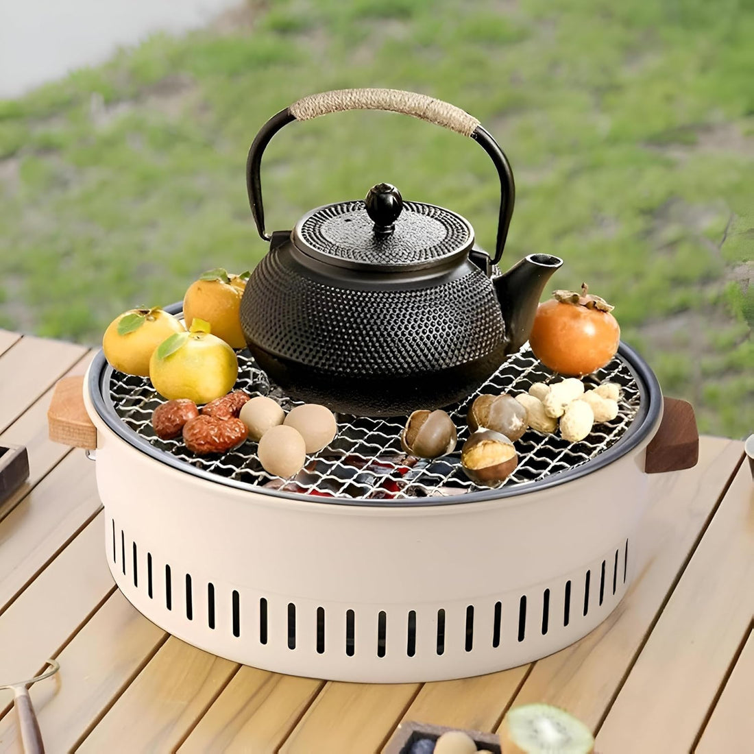 Portable Smokeless Charcoal Grill, Round BBQ Grill with Mesh Grate, 35.5cm Diameter, Beige, Outdoor Tabletop Barbecue