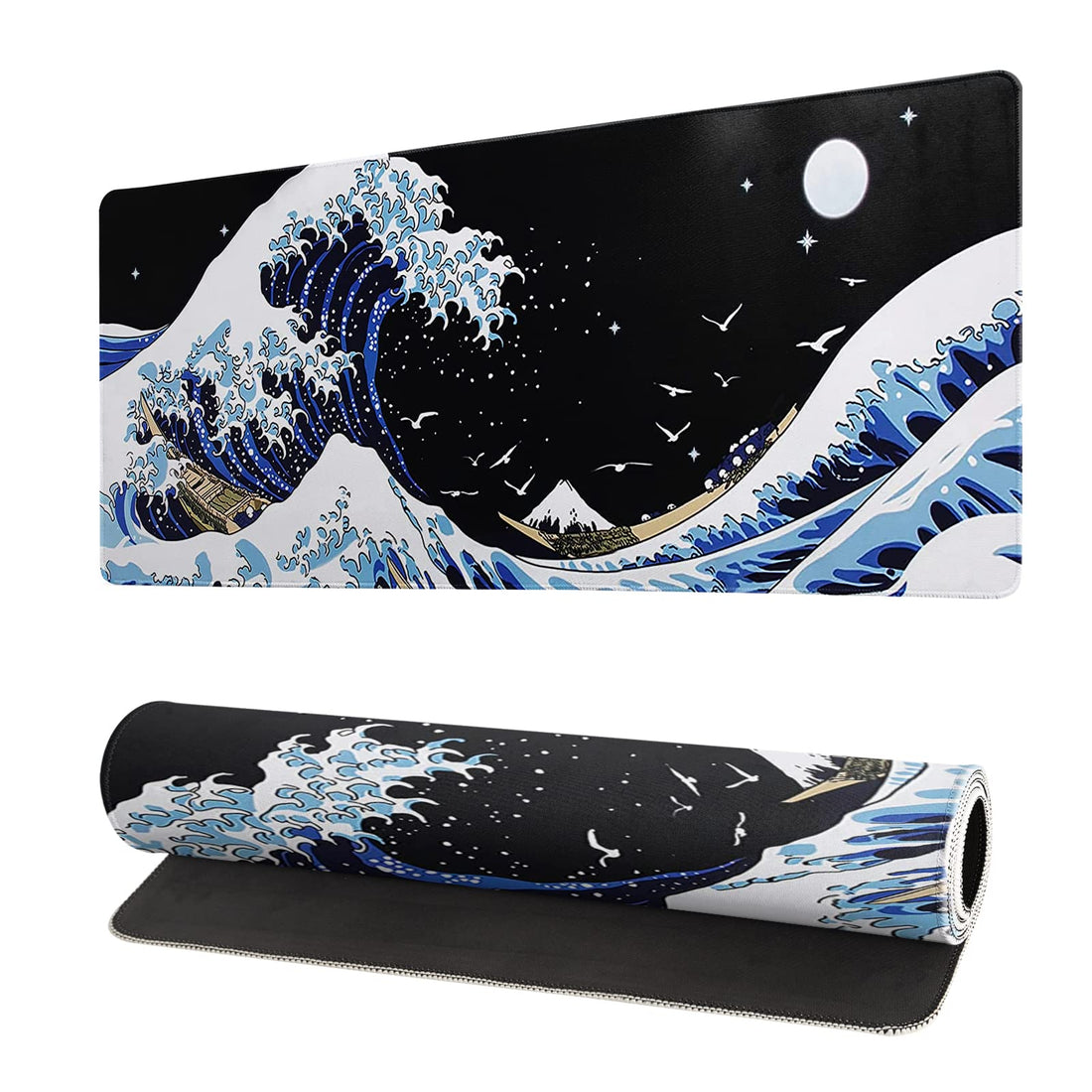Japanese Sea Wave Large Mouse Pad Anime Black Gaming Mouse Pad 27.6x11.8 Inch Sea Wave Texture Non-Slip Rubber Base Black Kanagawa Mousepad Stitched Edges Keyboard Mouse Mat Desk Pad for Work & Game