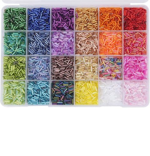 9600pcs Tube Beads Kit Glass Bugle Seed Beads Small Craft Beads for DIY Bracelet Necklaces Crafting Jewelry Making Supplies with Two Crystal String (7mm, 400 Per Color, 24 Colors)