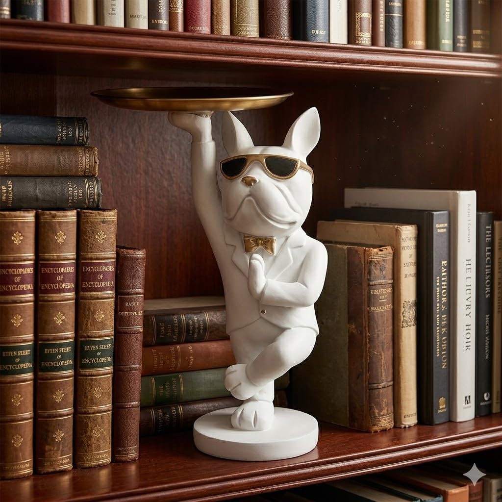 French Bulldog Butler Statue, White and Gold, Resin Figurine with Tray, Decorative Sculpture