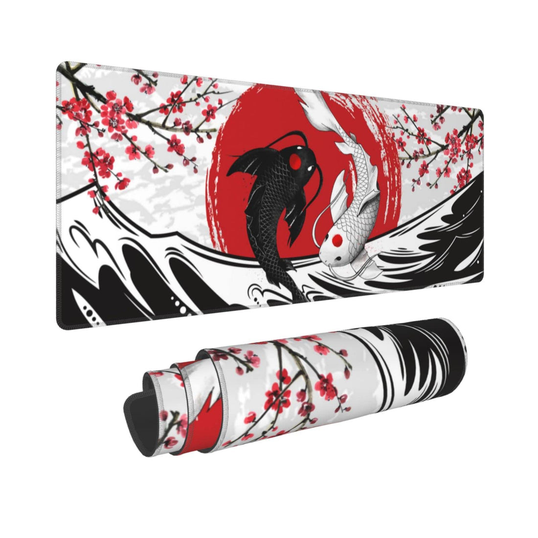 Gianlaima Japanese Black White Yin Yang Koi Fish Kanagawa Wave Mouse Pad XL Extended Desk Mat, Non Slip Rubber Base Stitched Edge Gaming Pc Desktop Large Mice Pad,31.5 x 11.8 Inch