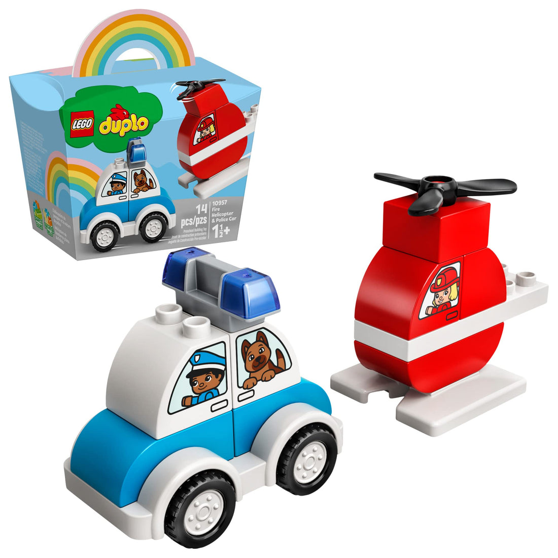 LEGO DUPLO My First Fire Helicopter and Police Car 10957 Rescue Vehicles; Police Car and Helicopter Learning Toy, New 2021 (14 Pieces)
