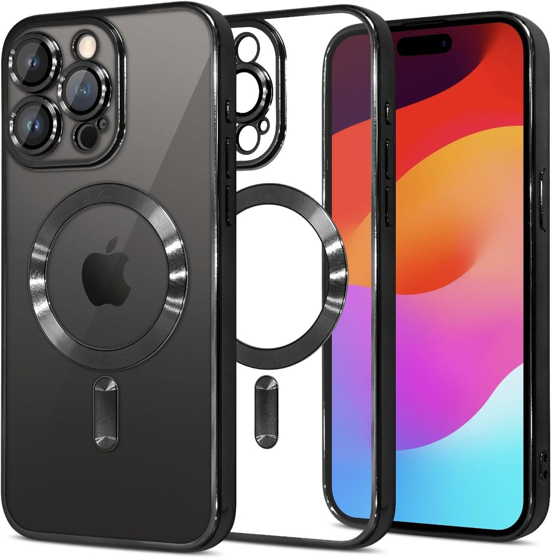 Magnetic Clear Case for iPhone 15 Pro Max Case [Compatible with MagSafe] [with Camera Lens Protector] Luxury Plating Soft TPU Shockproof Anti-Scratch Phone Case for Women & Men (Black)