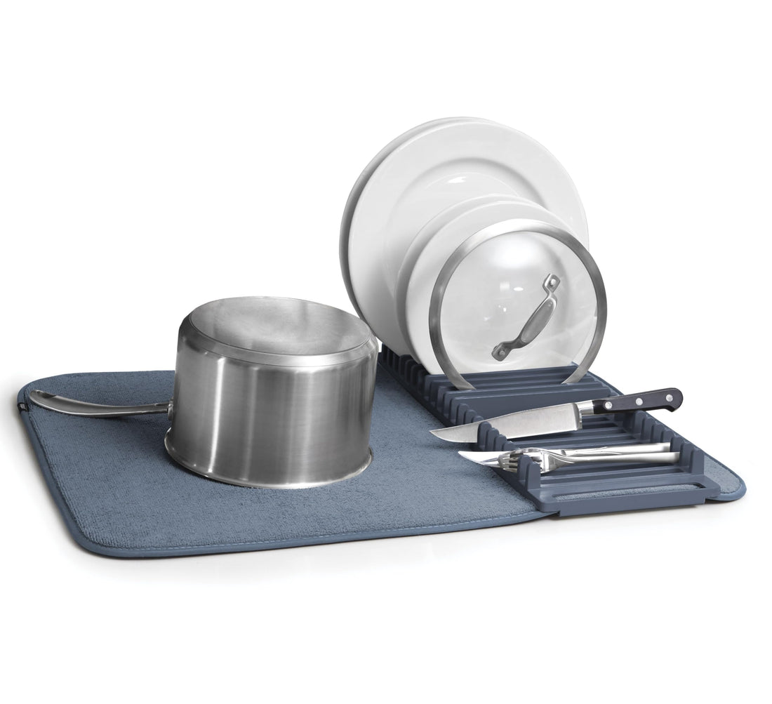 Umbra UDRY Rack and Microfiber Dish Drying Mat-Space-Saving Lightweight Design Folds Up for Easy Storage, 24 x 18 inches, Denim