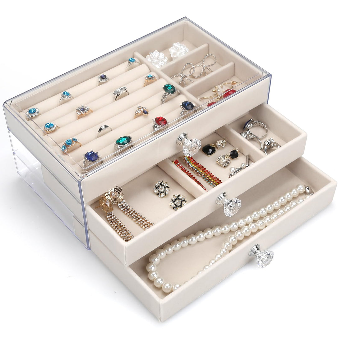 Acrylic Jewelry Organizer Makeup Cosmetic Storage Organizer box Clear Jewelry Case with 3 Drawers Adjustable Jewelry Box Velvet Trays grid size (Beige)