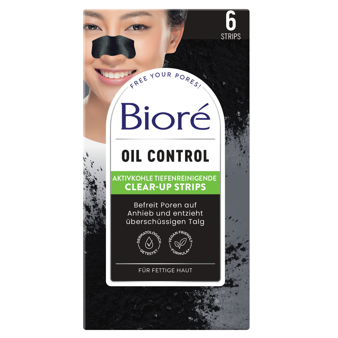 Biore 6 Deep Cleansing Activated Carbon Clear-Up Strips - 1 x 6 Nose Strips - Remove Blackheads and Impurities - For Normal to Oily Skin - Dermatologically Tested
