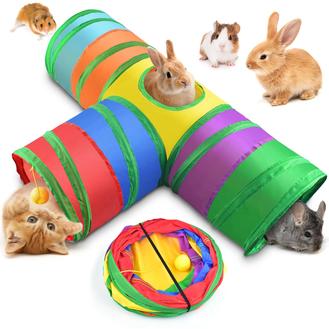 Bissap Rabbit Tunnel, 9.8'' Collapsible Bunny Tunnel and Tube 3 Ways Pet Hideout with 1 Play Ball for Indoor Kittens Dwarf Rabbit Bunny Guinea Pig Chinchilla Small Animal Activity Fun Toy (Rainbow)