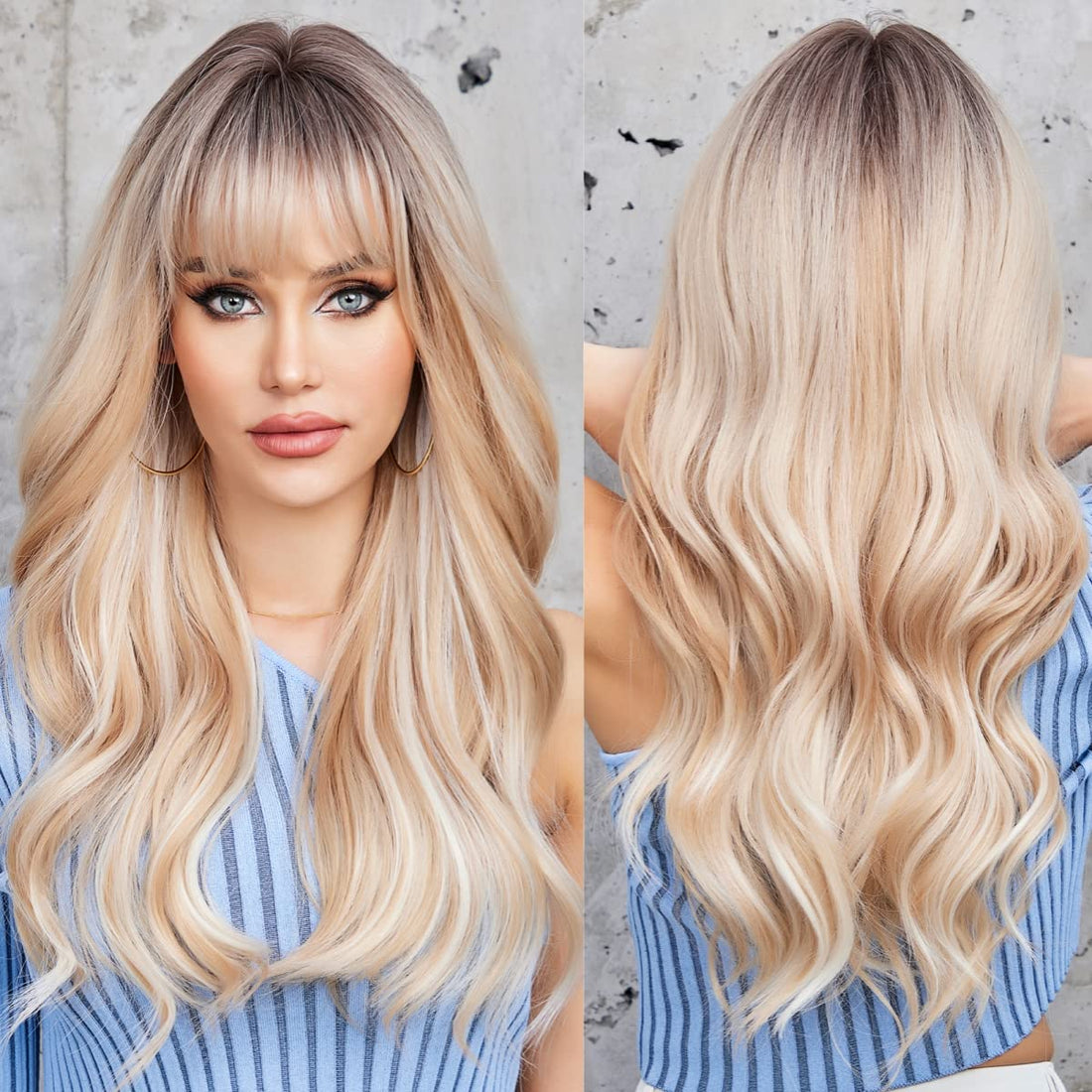 ECIF Long Blonde Mixed Wavy Synthetic Wig With Bangs For Women