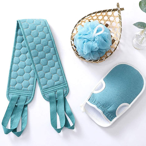 1 Exfoliating Mitt Remove Dead Skin Towel 1 Sponge Body Loofah 1 Back Scrubber Set for Men and Women Shower Cleansing Supplies Bathroom Accessories (3 Pcs Blue) (Assorted Colors)