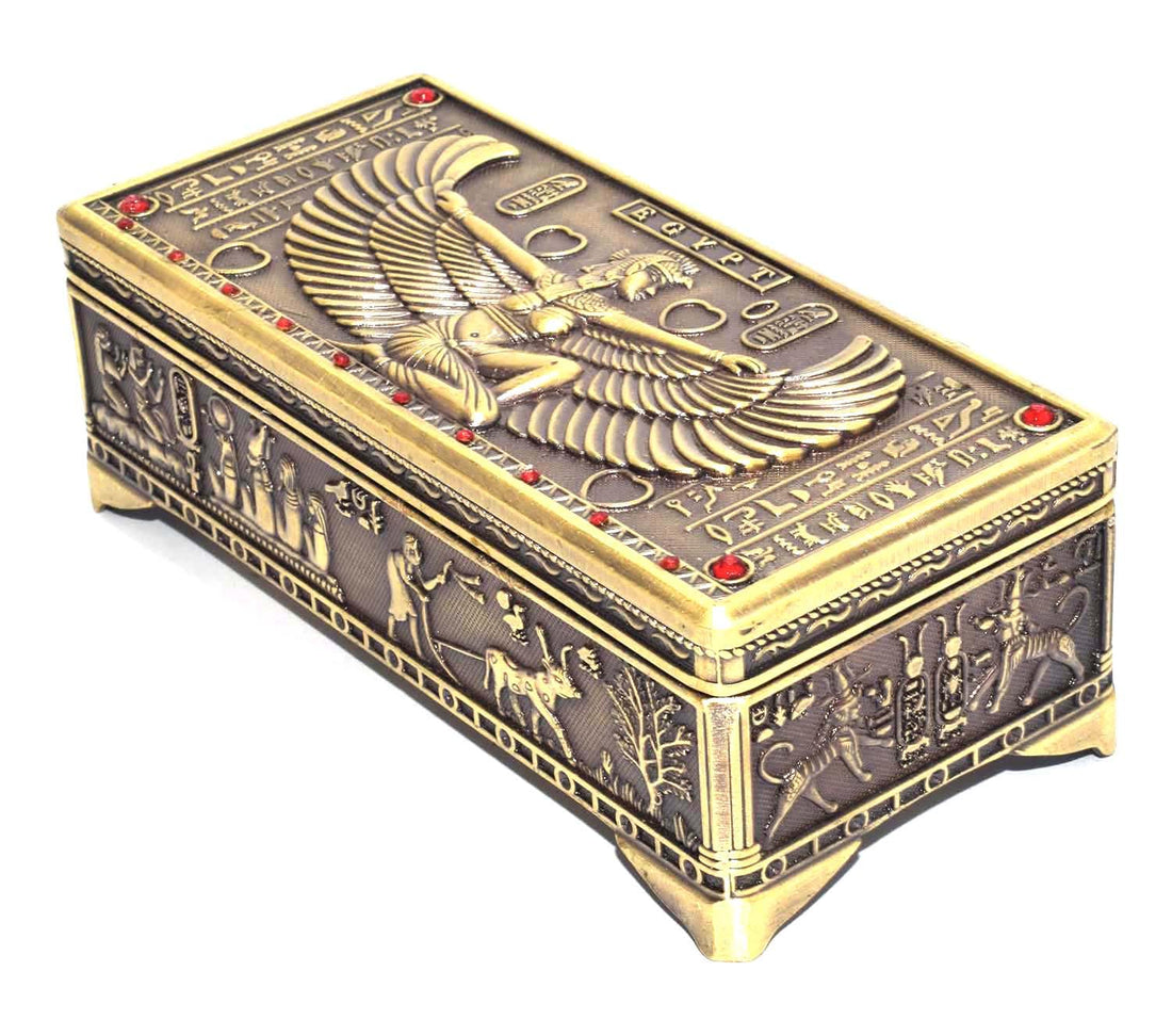 Immatgar Luxury Egyptian Jewelry Storage Box with Pharaonic Pattern - premium Souvenir gifts for Women and Girls - Home Decor Piece (iisis - Burnt Yellow - 12.5 CM Long)